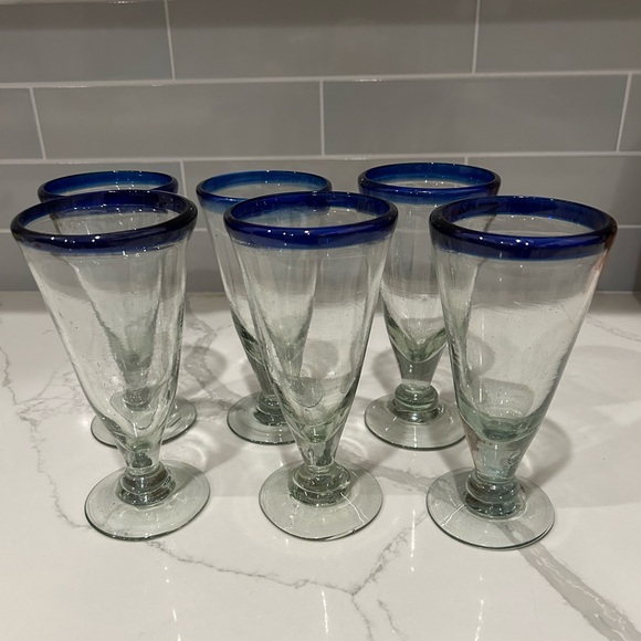 Handblown Blue Rim Mexico Pilsner Beer Glass Set‎ of 6